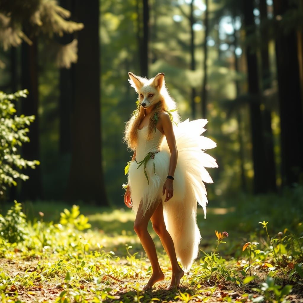 Enchanting Fox-Swan Hybrid in Sun-Drenched Forest