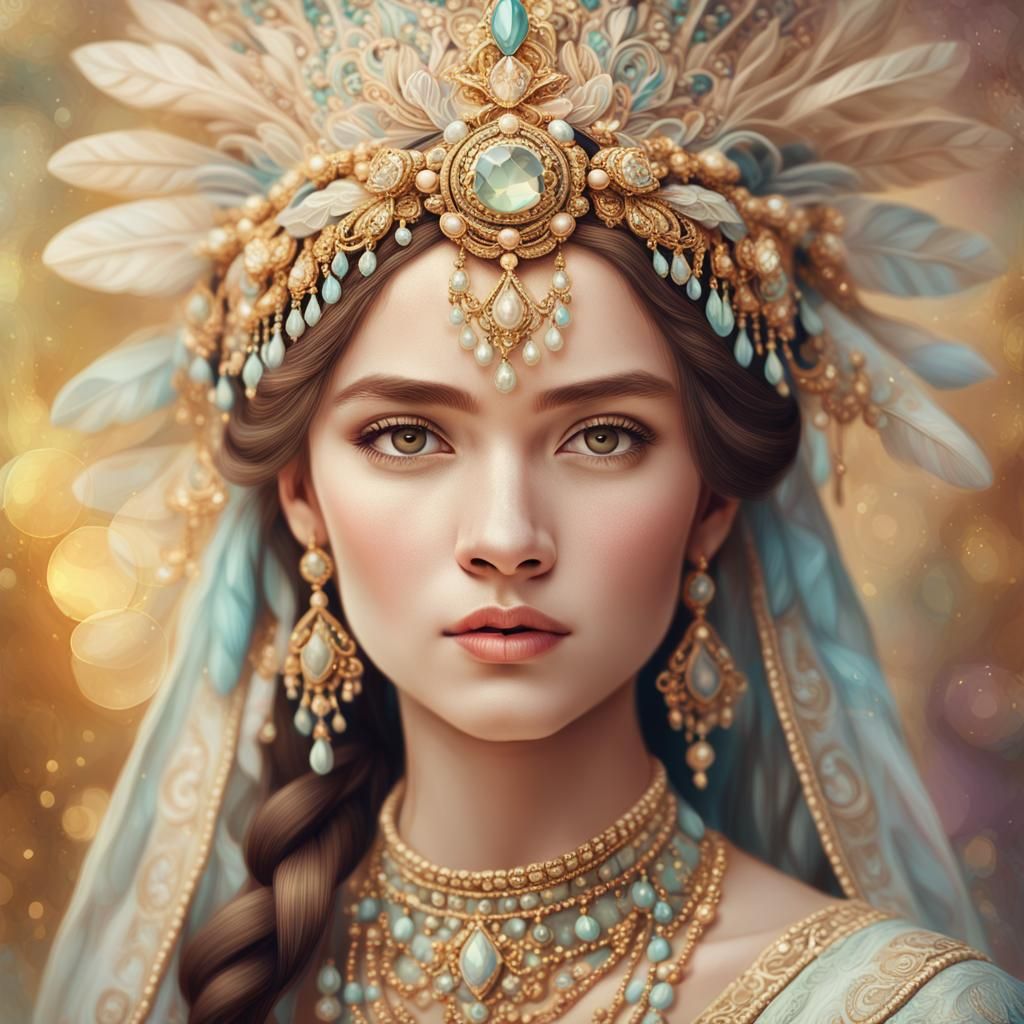 Beautiful Lady Portrait with Ornate Headdress as Digital Art