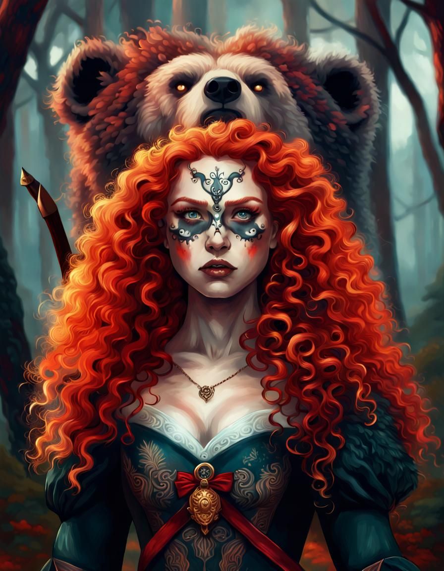 Evil Merida Portrait with Bear in Dark Forest