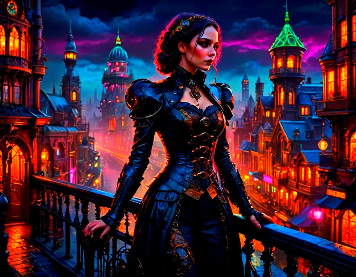 Gothic Woman Overlooking Neon Cityscape