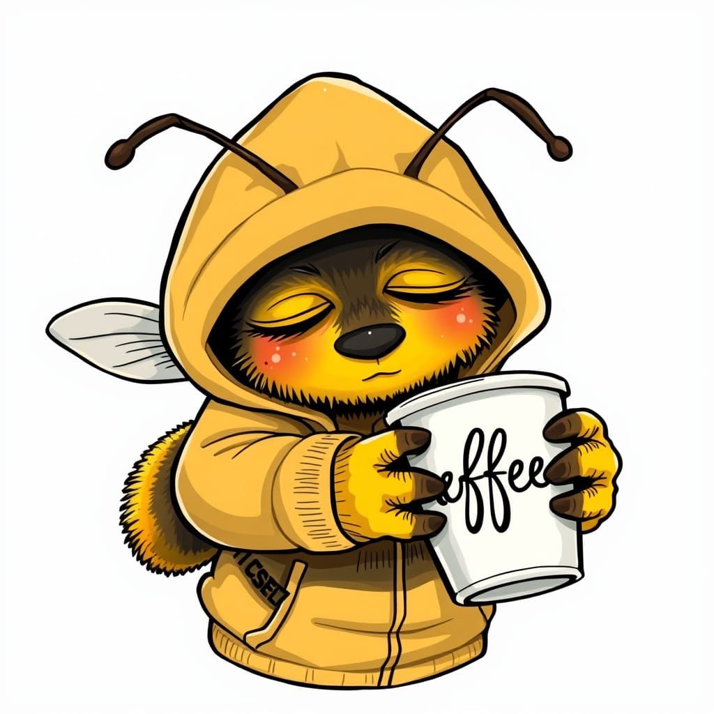 Sleepy bumblebee wearing a cozy hoodie and clutching a coffee cup with a word "coffee" on it