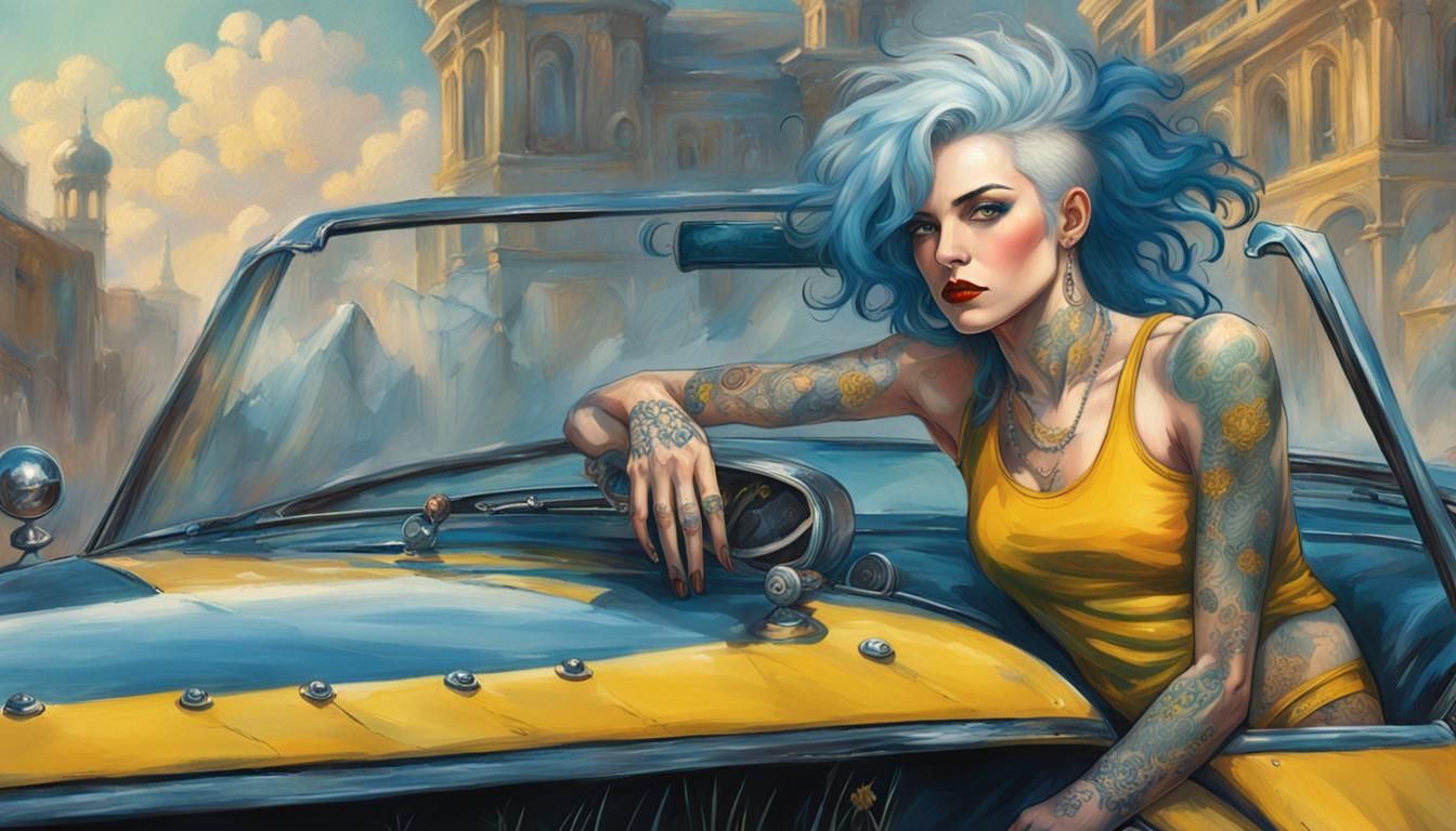 Blue-Haired Woman with Tattoos Leaning on Car