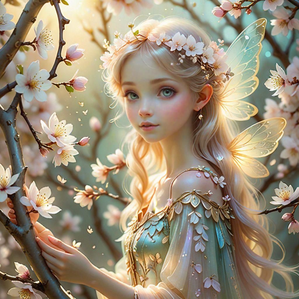Whimsical Almond Tree Fairy in Enchanted Woodland
