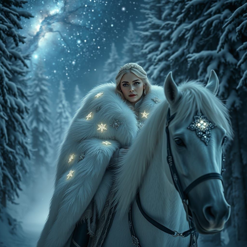 Regal Queen Rides Majestic White Horse through Enchanted Win...