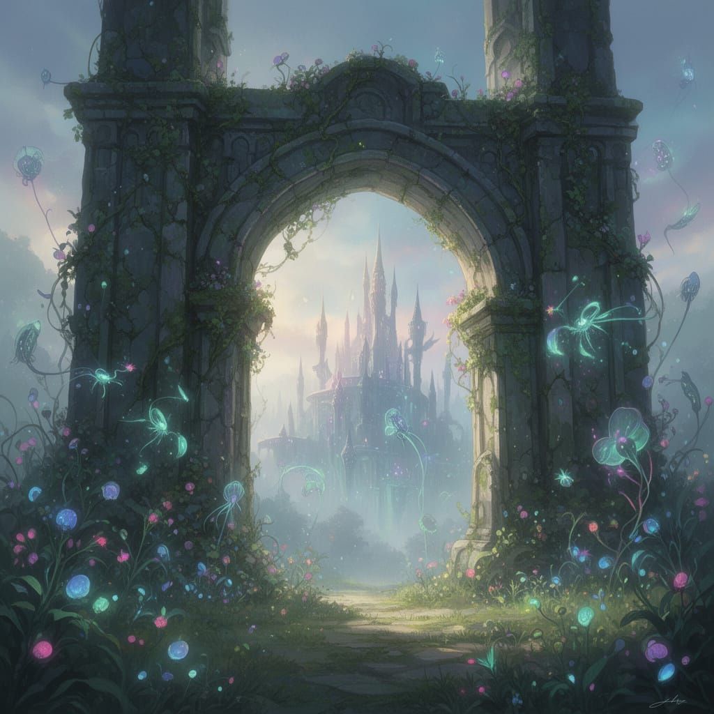 Ancient Archway to a Fantastical City in Ethereal Style