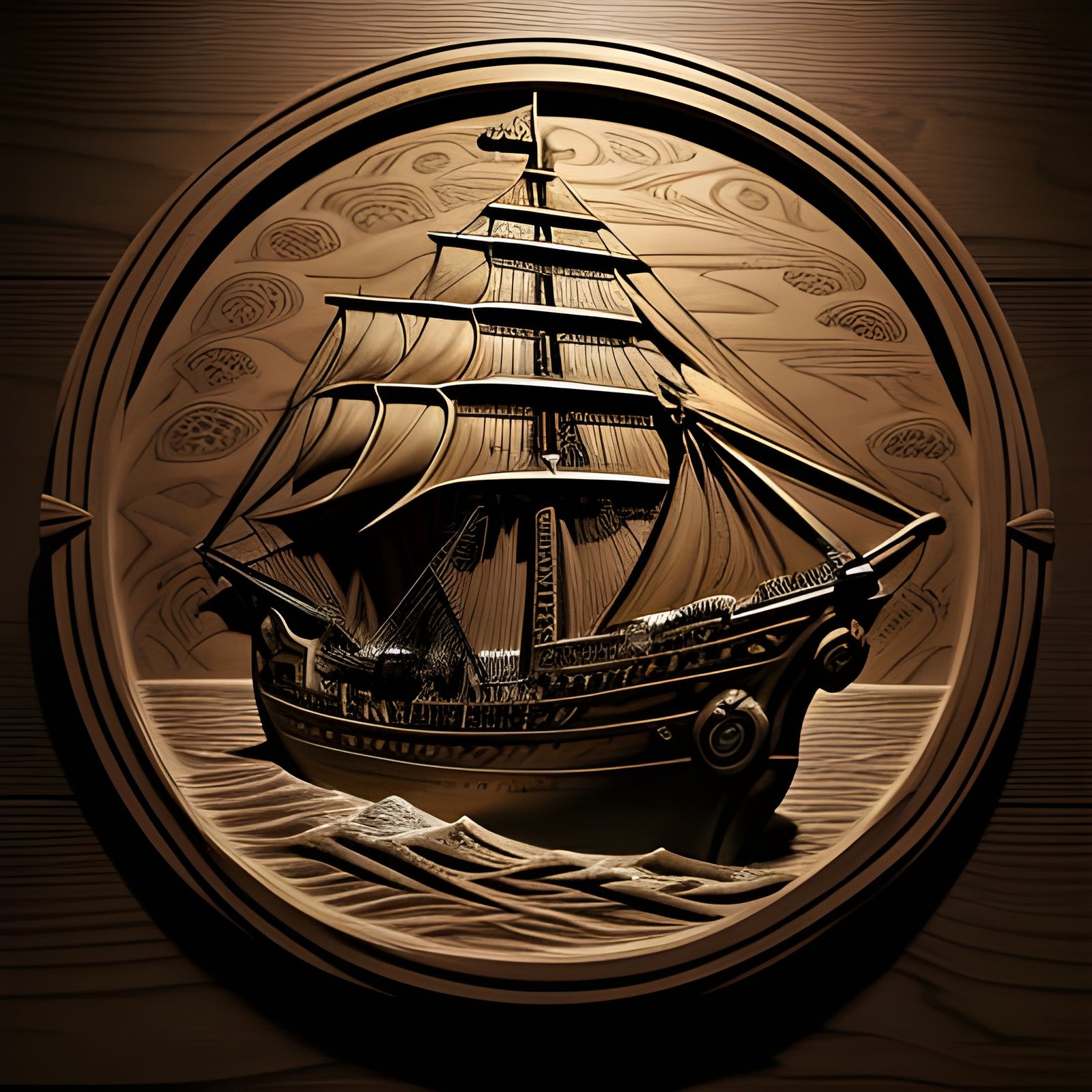 Caribbean Pirate Bas-Relief Carving with Galleon and Octopus