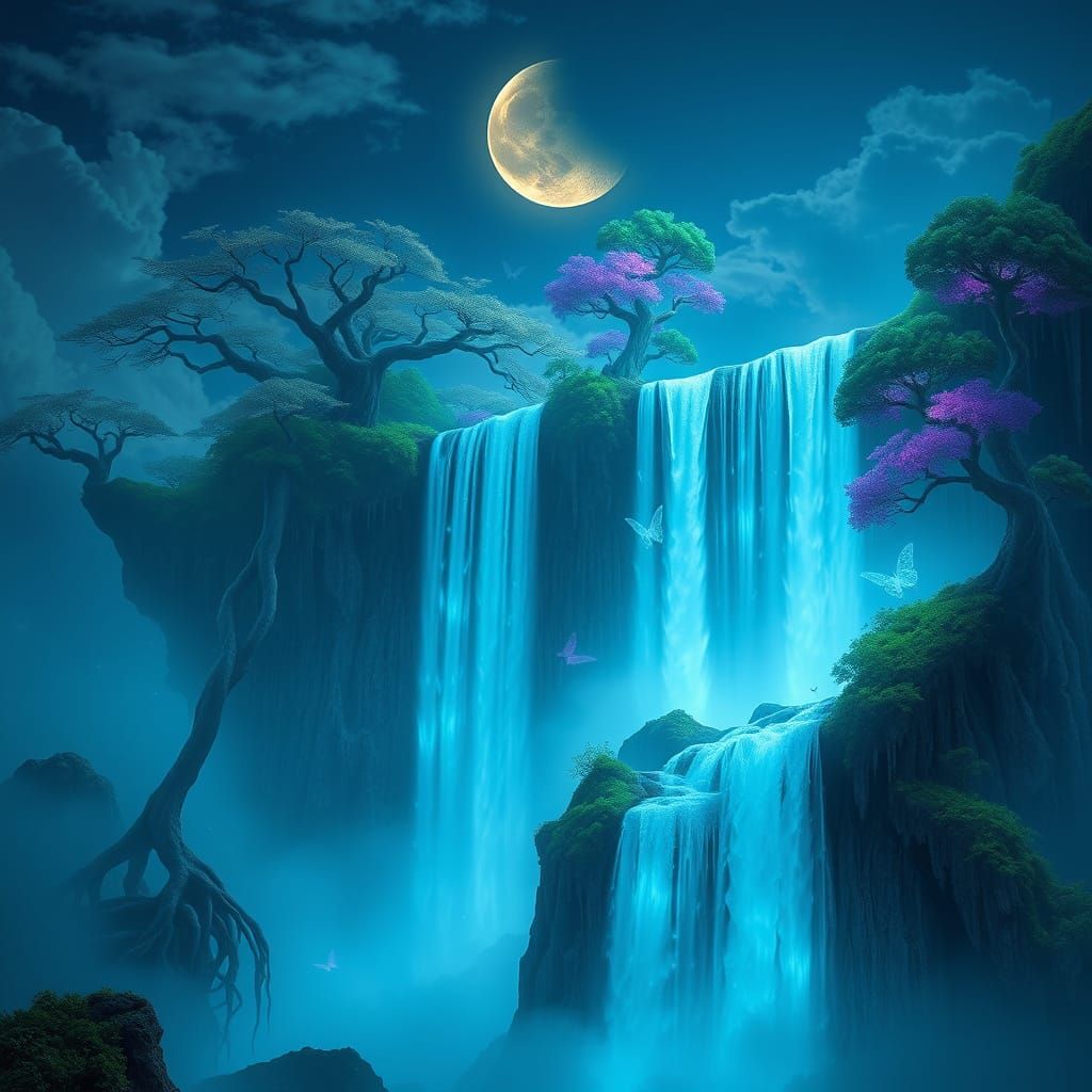 Floating Island Waterfall in Ethereal, Magical Light