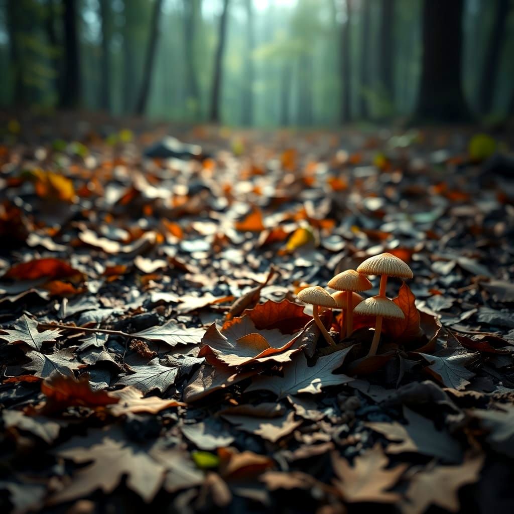 Autumn Forest Floor with Mushrooms in 3D Game Style