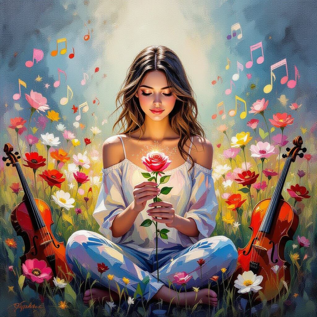 Dreamlike Woman in Field of Glowing Flowers as Impasto Paint...