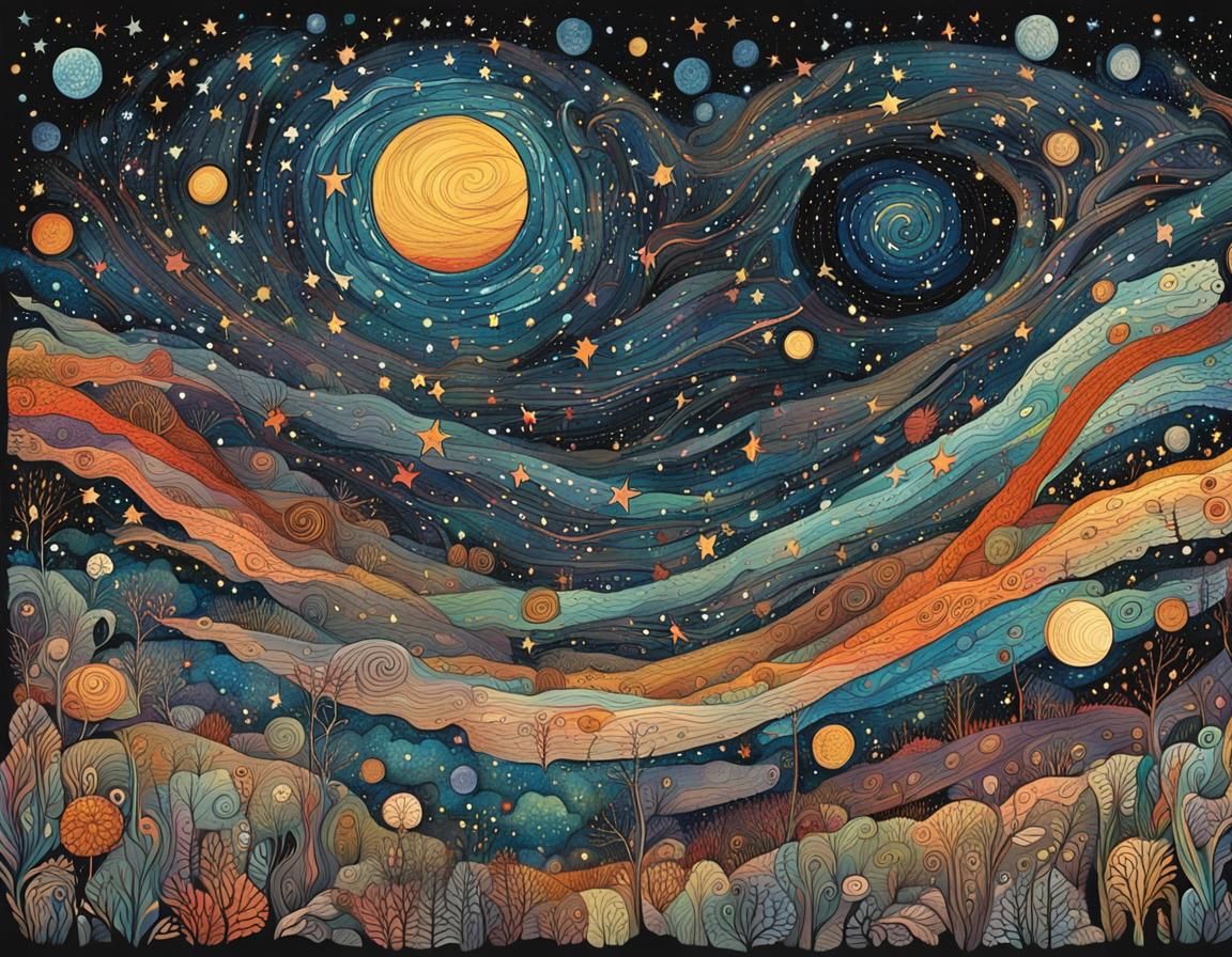 Vibrant Stars in Entangled Art Brut Style