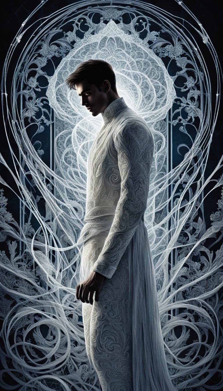 Brutal Man Amidst Luminous Threads Vector Art