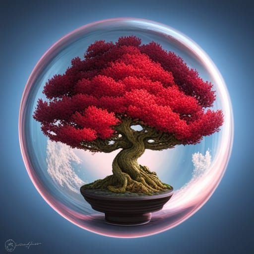 Red Bonsai Tree in Bubble: Psychedelic Fantasy Art