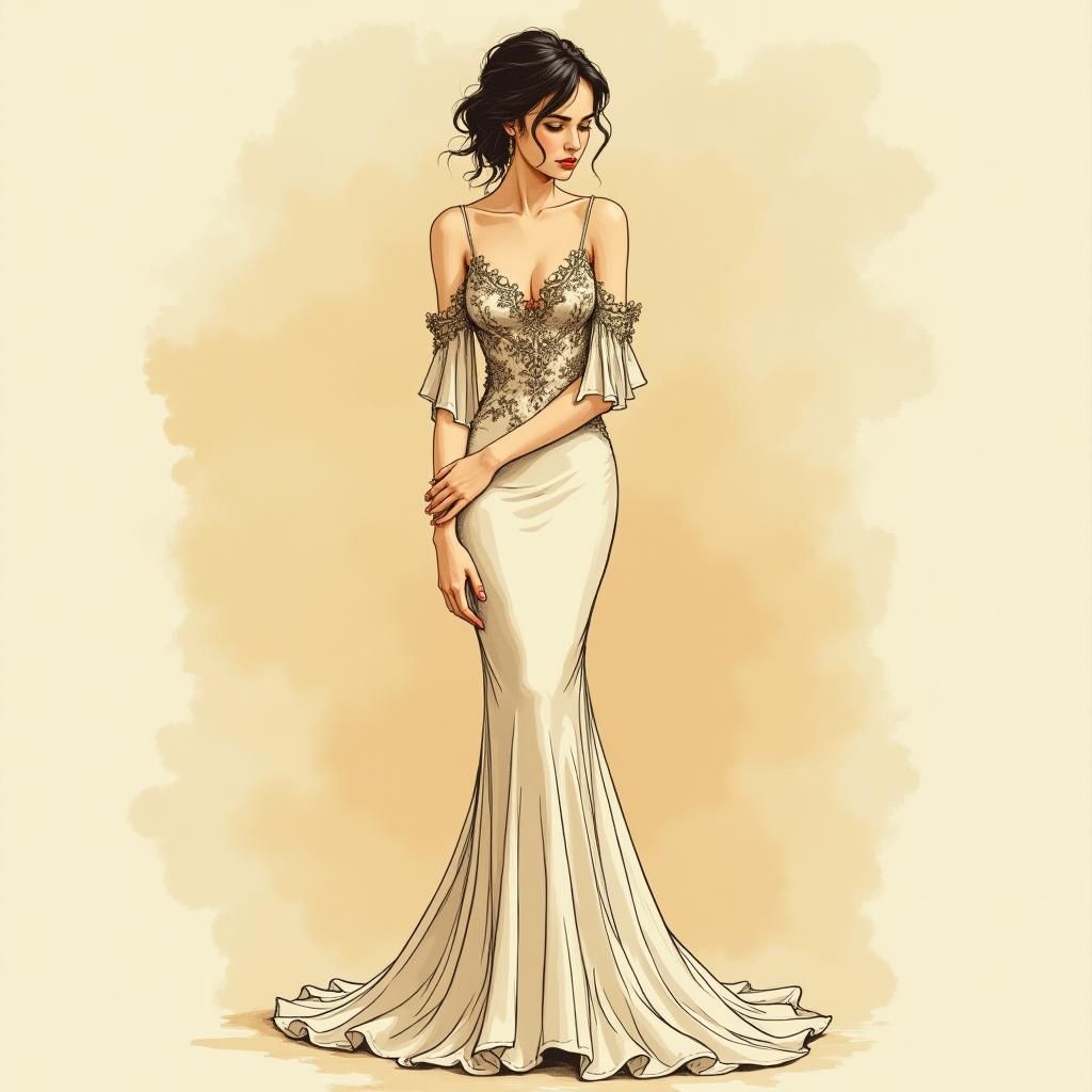 Elegant Woman in Gown: Art Nouveau Sketch