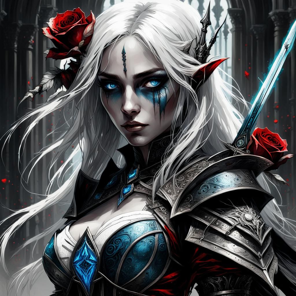 Gothic Drow Elf With Sword, Hyperdetailed Dark Fantasy