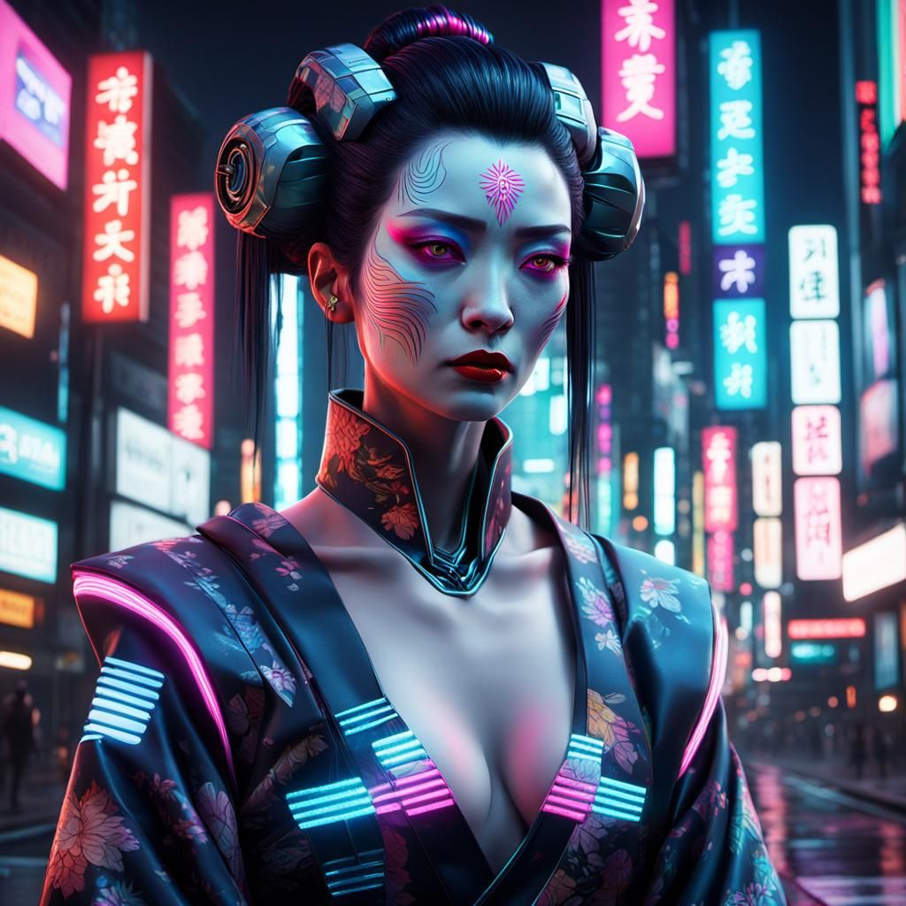 Robotic Geisha Cries in Cyberpunk Style