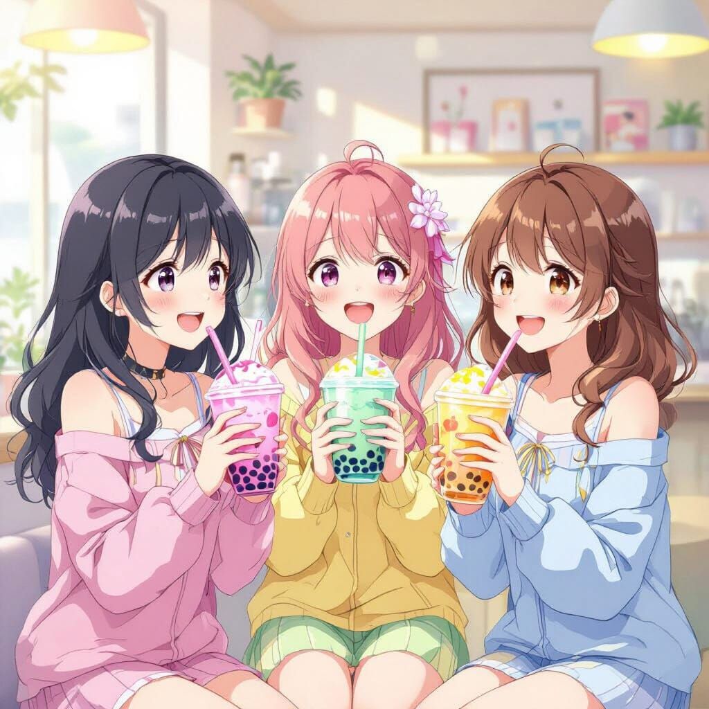 Anime Girls Laughing with Bubble Tea in Pastel Outfits