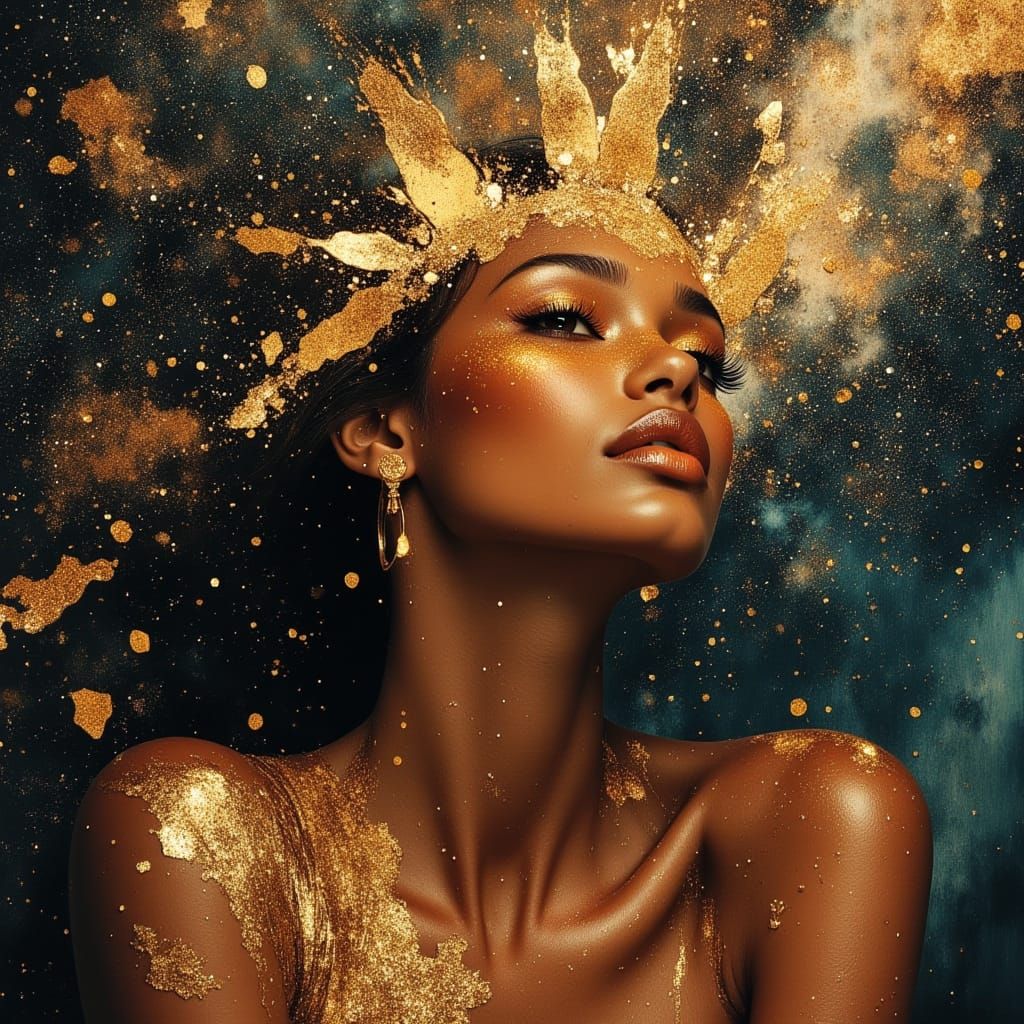Celestial Black Woman Portrait in Divine Oil Painting Style