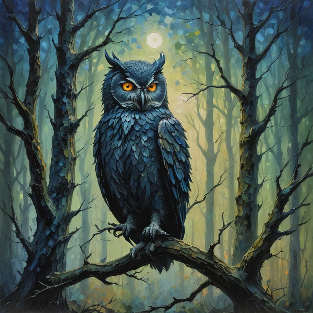Owlman in Misty Forest: Neo-Impressionist Oil Painting
