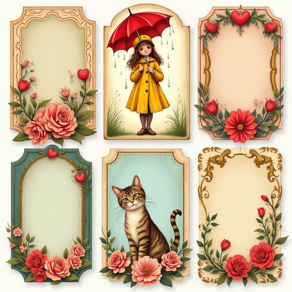 Vintage-Style Labels with Whimsical Scenes of Girl and Cat
