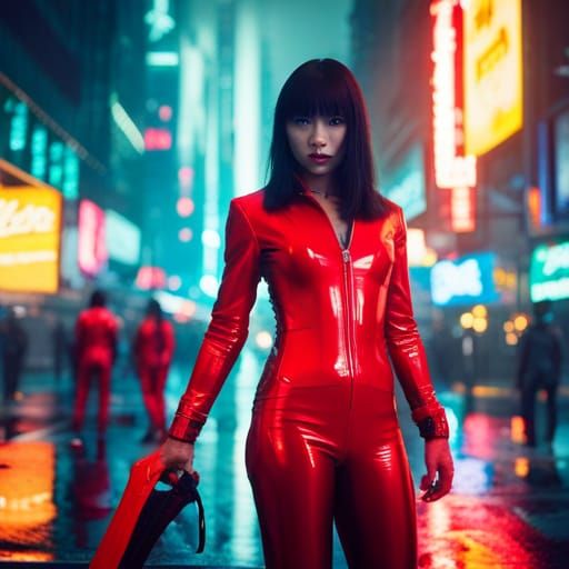 Cyberpunk 2099: Woman in Red Latex Catsuit
