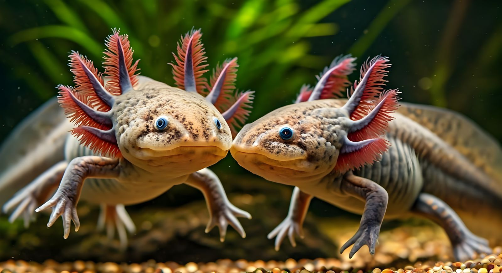 Earth-Toned Axolotls in a Vibrant Underwater World