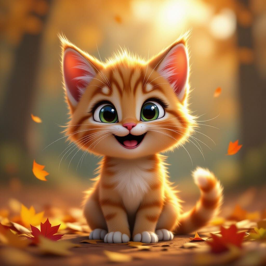 Excited Kitten Caricature in Autumn Day Style