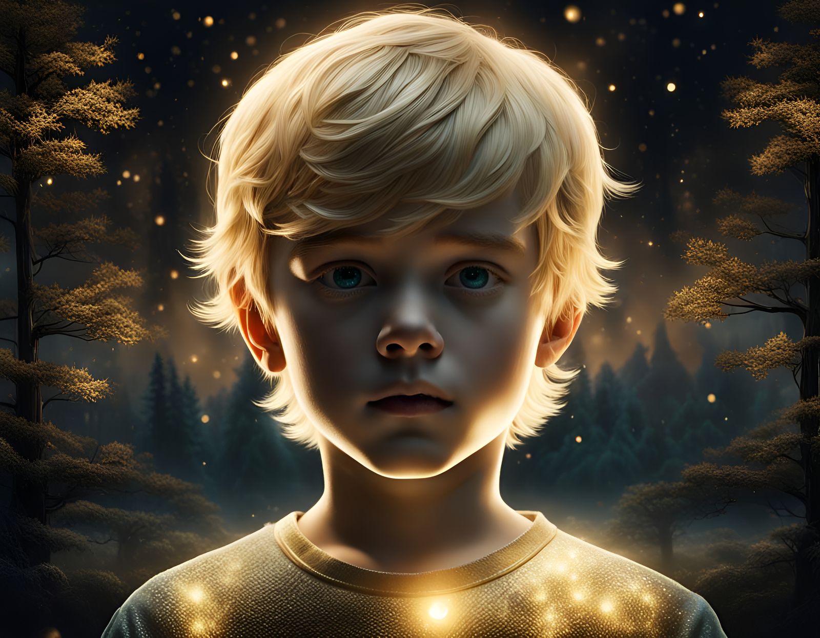 Mystical Portrait of Golden Boy in Bioluminescent Forest