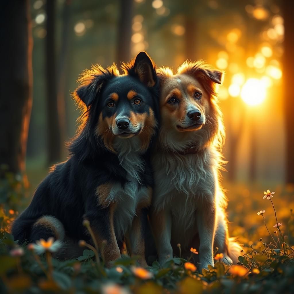 Affectionate Dogs in Sunset Forest, Fantasy Concept Art