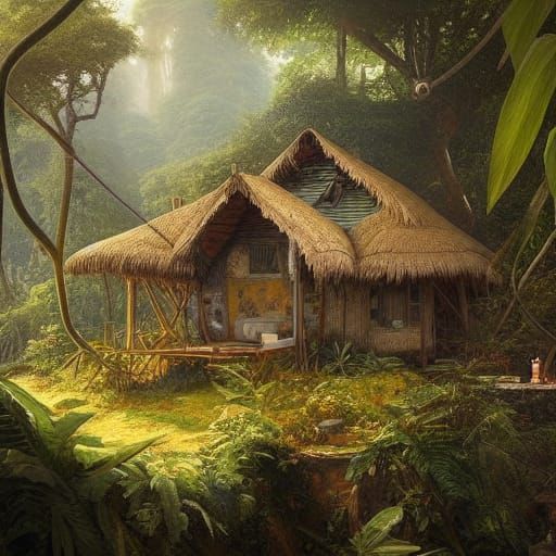 Lush Jungle Cottage Concept Art in Acrylic Style