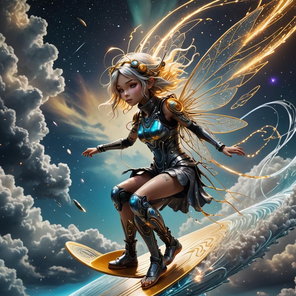 Worm's eye view of a kawaii Cyberpunk fairy surfer made from...