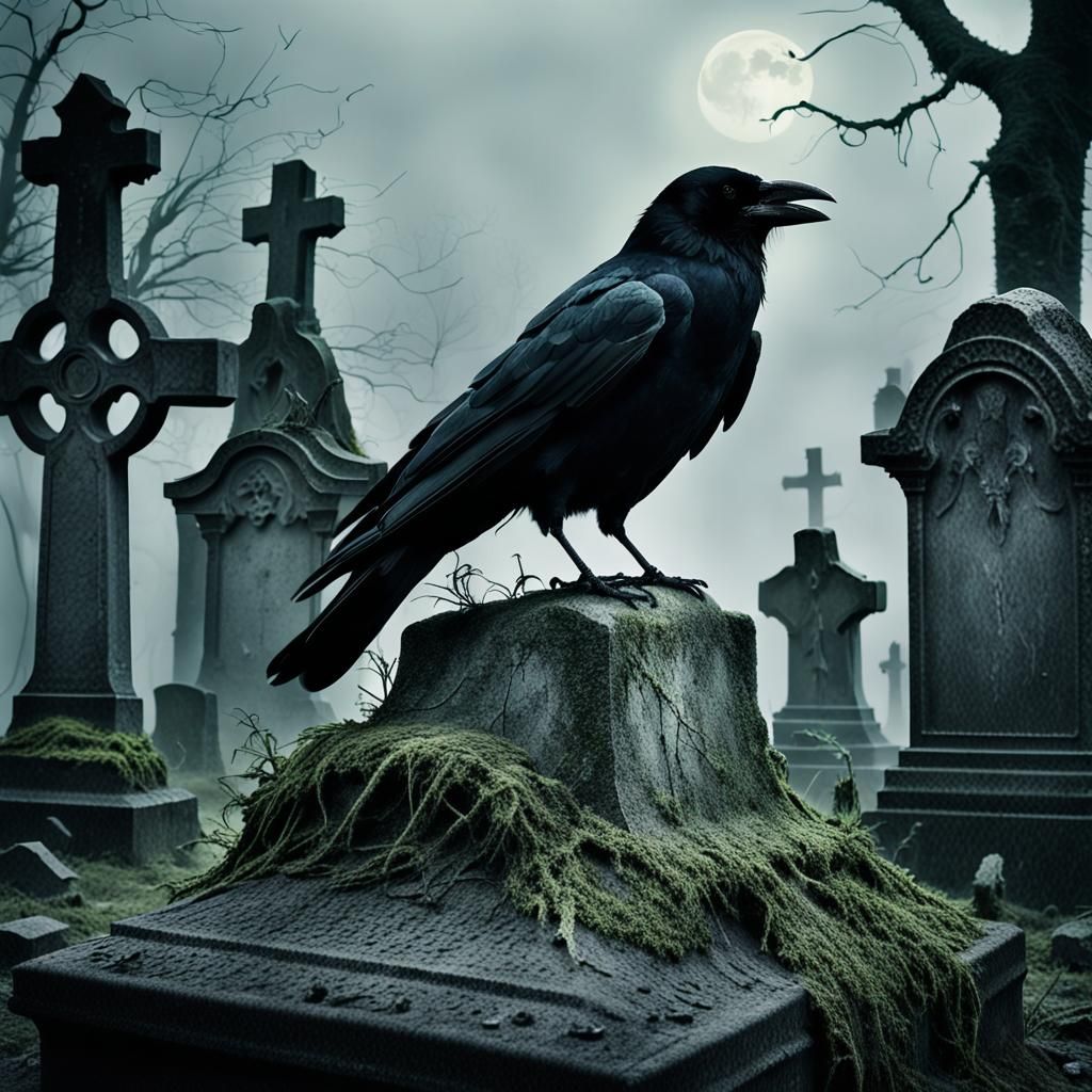 Crow Perched on Tombstone in Misty Graveyard