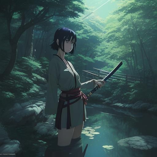 Anime Girl with Katana, Ghibli-style Key Visual