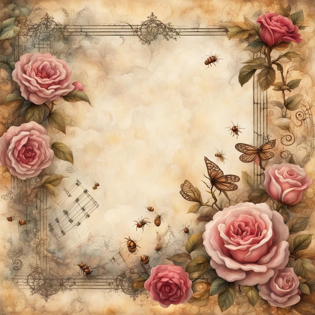 Vintage Rose and Music Page with Steampunk Elements