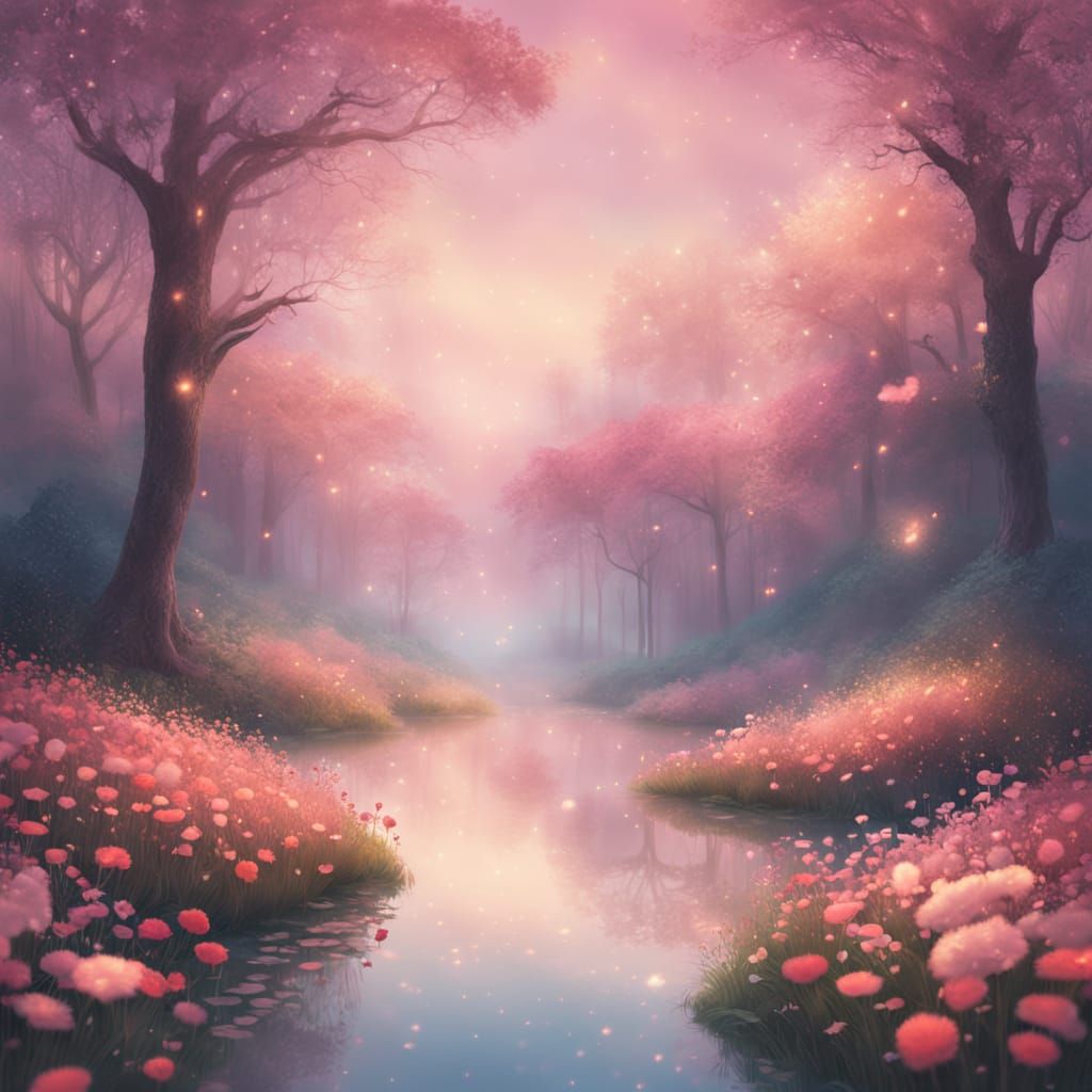 Romantic Whimsical Digital Art of Golden Couple in Floral Pa...