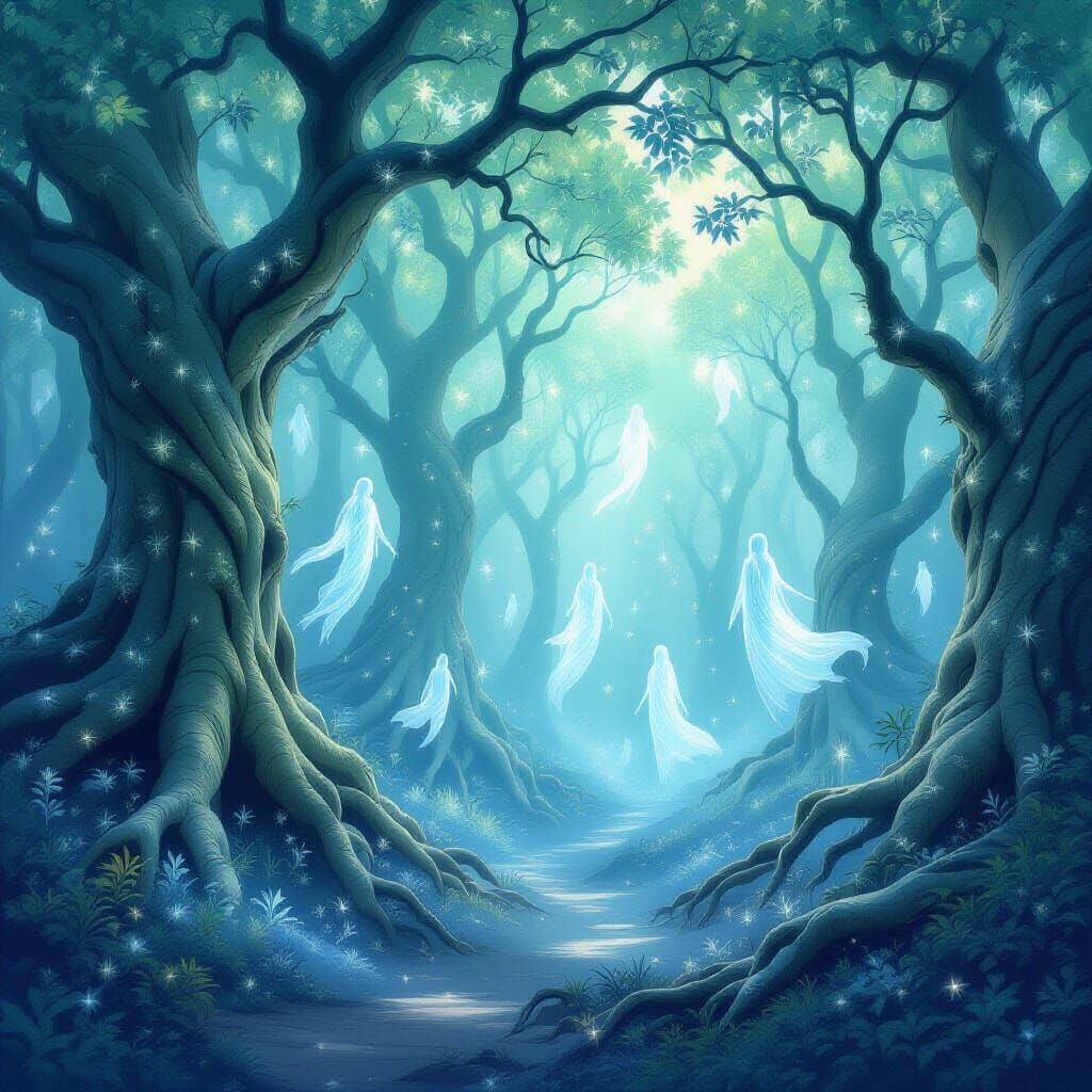 Bioluminescent Forest With Celestial Beings
