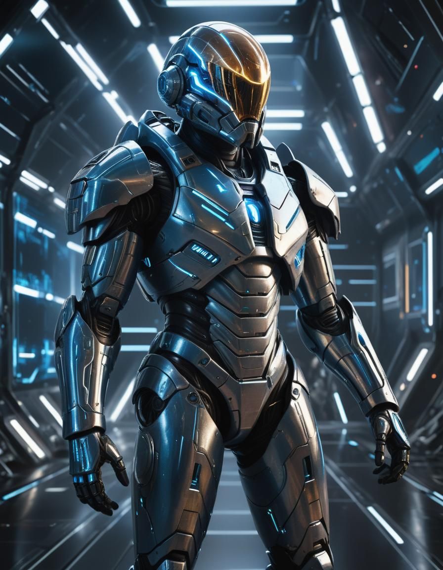 A highly detailed render digital painting of a sci-fi high-tech starshell battle suit, advanced weapon systems and visor...