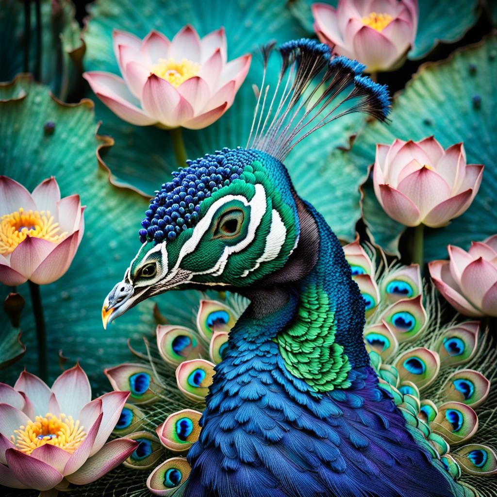Surreal Peacock Trapped in Lotus Flower Maze