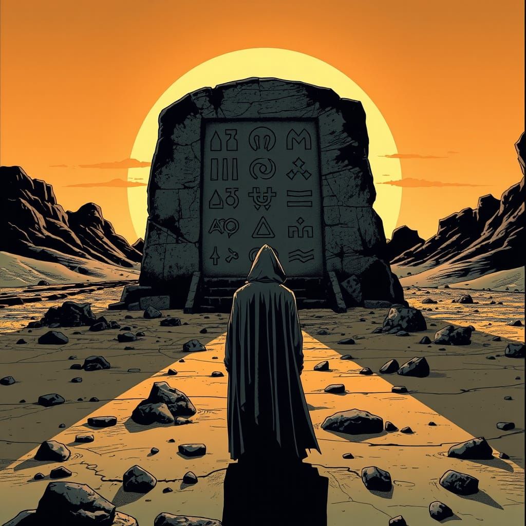 Mysterious Figure Before Alien Monolith in Comic Style