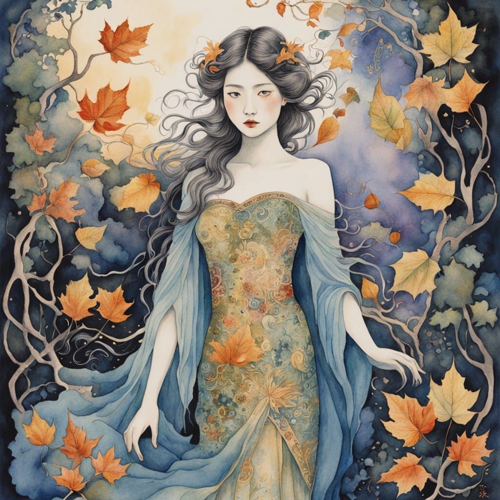 Ethereal Woodland Nymph in an Enchanted Autumn Garden