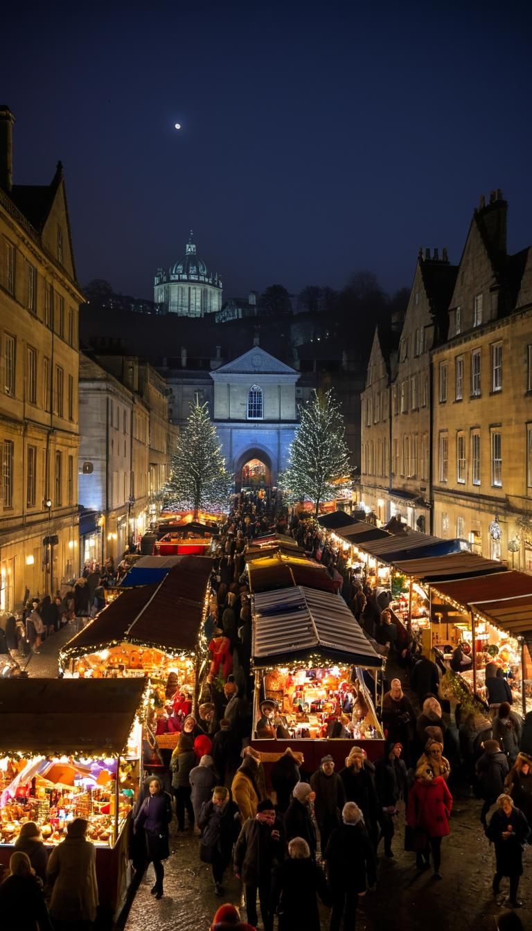 Festive Christmas Market in Bath, Whimsical Illustration