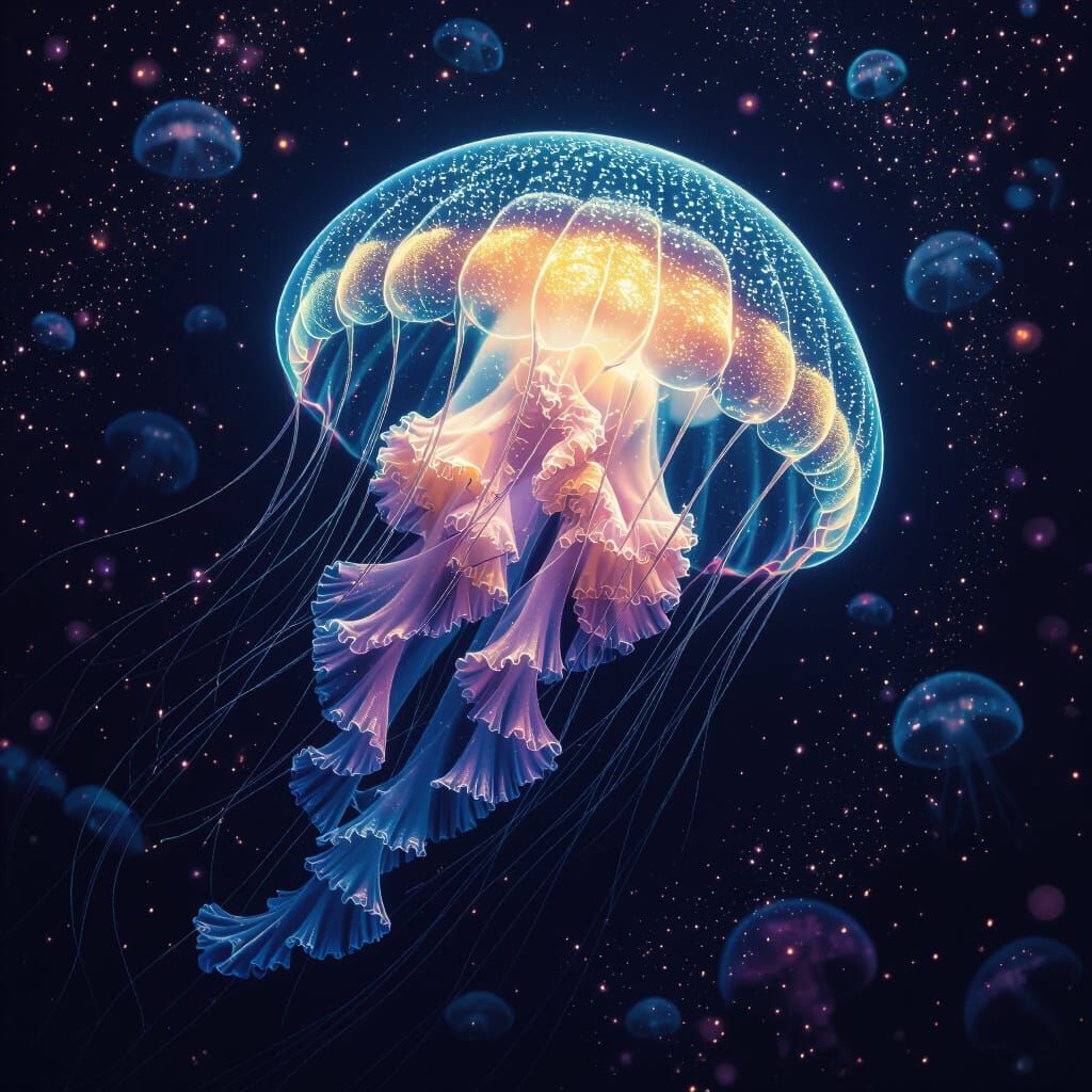 Bioluminescent Jellyfish Drifting in Ocean Depths