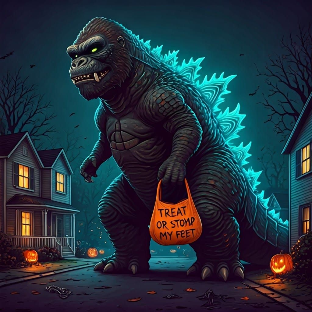 Godzilla, wearing a King Kong mask, Trick or Treating