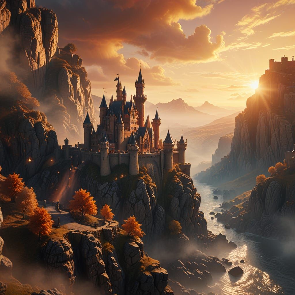 Fantasy Castle on Cliff at Sunset