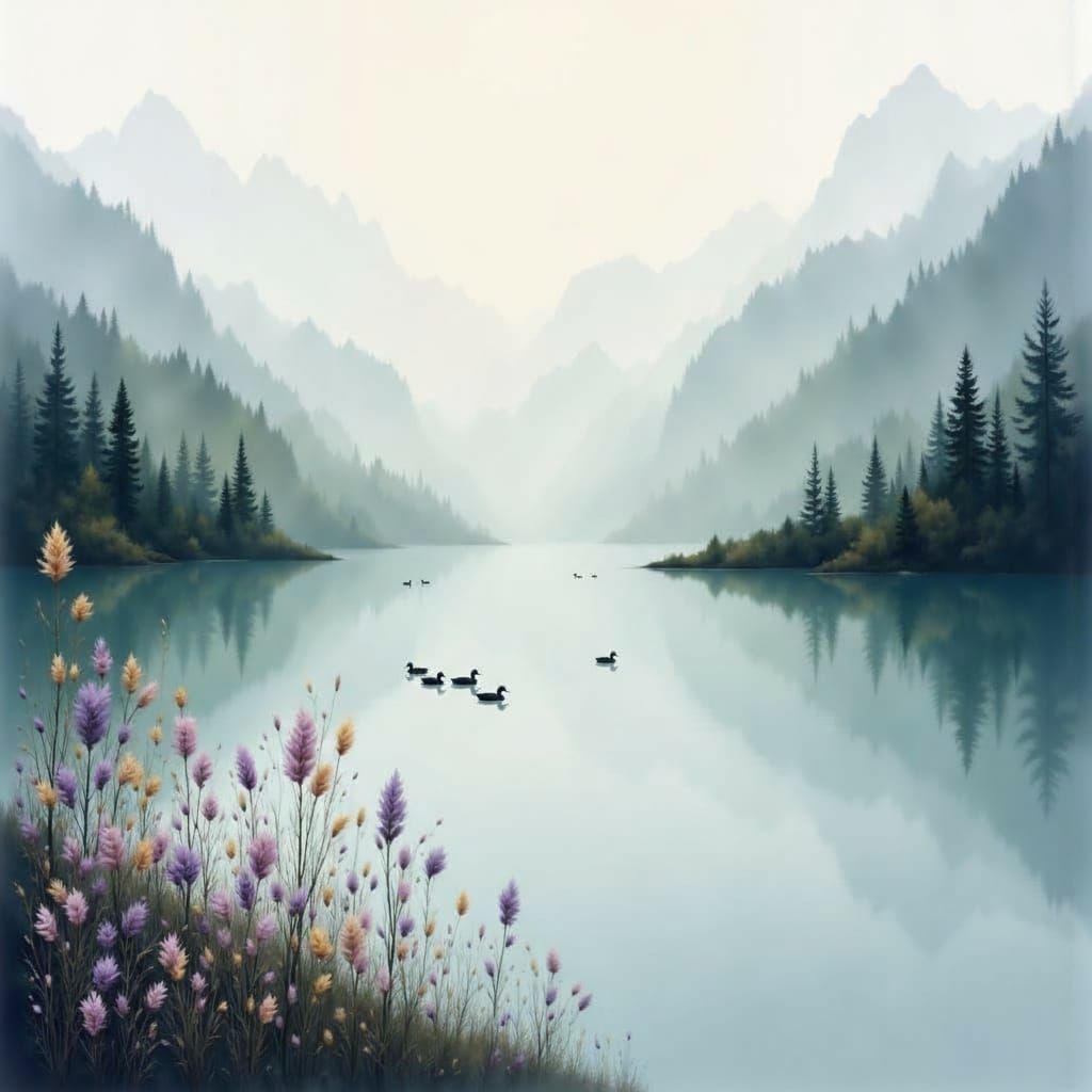 Misty Mountain Lake with Floral Focus in Minimalist Abstract...