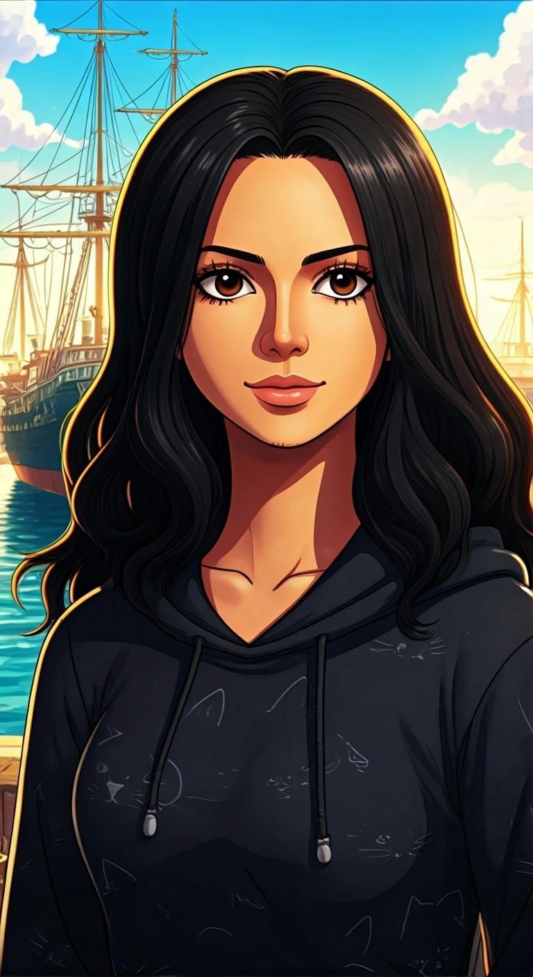 One Piece Latina Woman in Whimsical Harbor Scene