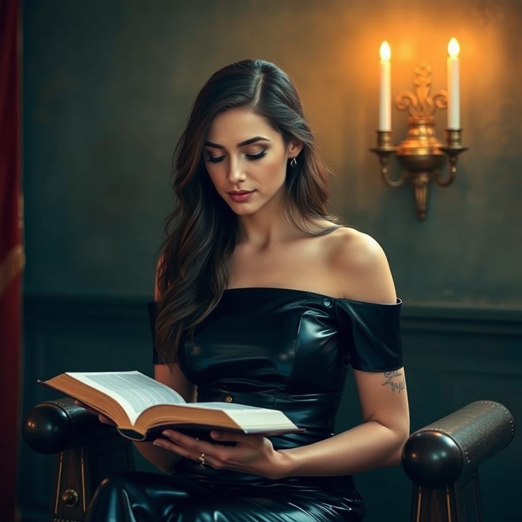 Woman in Latex Dress Reading Bible on Chancel