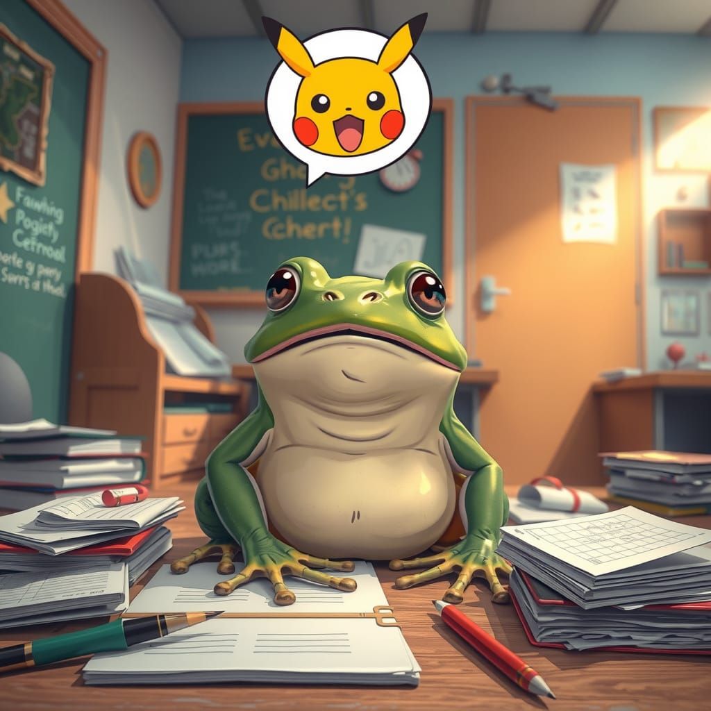 Puzzled Frog's Homework Crisis in Vibrant Art Style