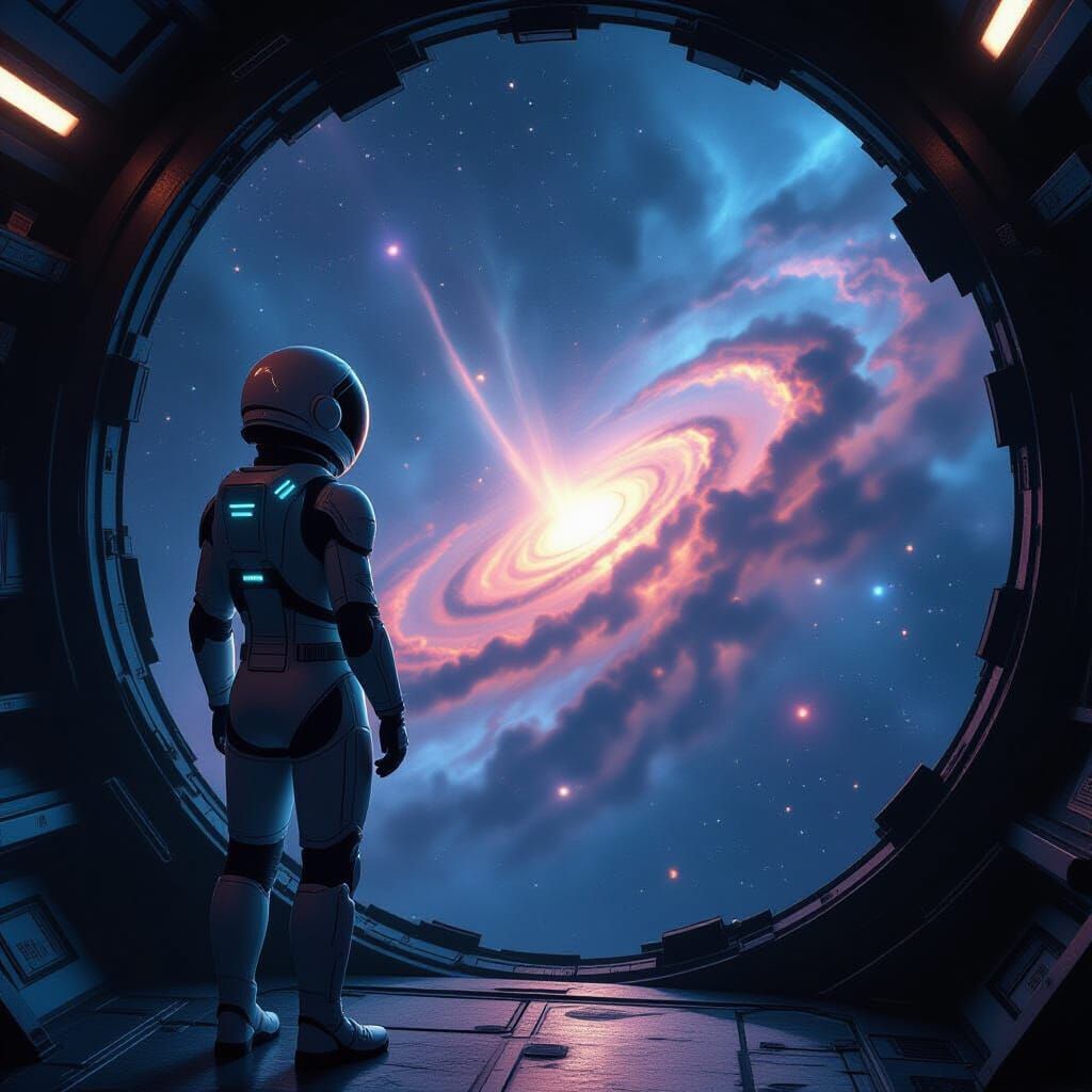 Astronaut Gazes at Swirling Nebula from Derelict Starship