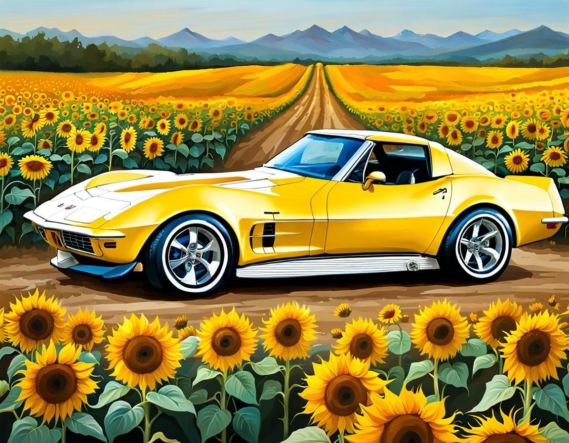 Yellow Corvette Rally Car in Sunflower Field