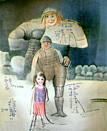 Child's Drawing: Giant Girl and Soldier